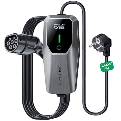 VDLPOWEREU EV-Ladegerät Typ 2, 16 A, 3,6 kW, 5 m, Ladekabel für Elektroauto, einphasig, EU-Schuko, IP65 (IEC 62196-2), kompatibel mit MG4, Peugeot, Tesla, e-208