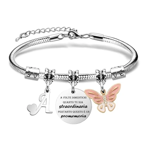 SAMORION Soms vergeet hoe geweldig je bent, daarom is dit een herinnering-mode roze vlinder hanger eerste letters armbanden inspirerend cadeau voor vrouwen meisjes kleindochter, Roestvrij staal