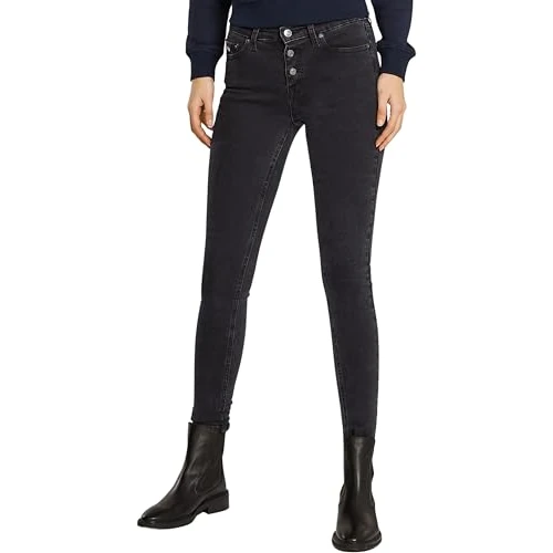 Tommy Jeans Women’s Nora Mid Rise Skinny Fit Jeans with Button Placket, Black (Denim Black), 33W/32L