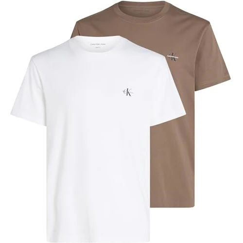 Calvin Klein Men's 2 Pack Monologo Short Sleeve Round Neck T-Shirts, Multicolor (Falcon/Bright White), XXS