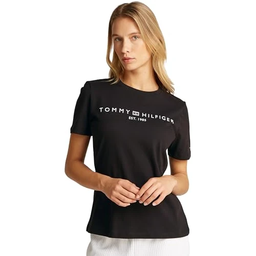 Tommy Hilfiger Dames REG Corp Logo C-NK SS WW0WW40276, Overige Tops, Zwart, XXL, Zwart (zwart), XXL