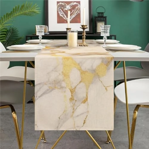 Modern Table Runner Linen Table Runner Spring Elegant Abstract Art White Marble Gold Texture Tablecloth Farmhouse Dining Table Decoration for Party Wedding 13x72 Inch