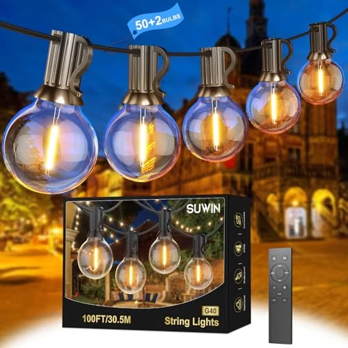 SUWIN 30 Meters LED Buiten Lichtslingers Afstandsbedieningen, G40 Buiten Lichtketting Lampen Hanglampen Warm Wit, Tuinslingerverlichting Met Buiten Waterdicht 50+2 LED Plastic Lampen Buiten