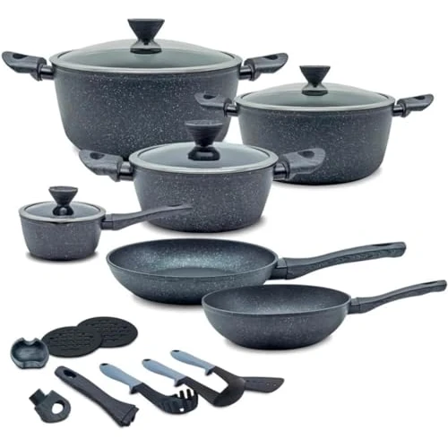 Avilia Set van 18 pannen met antiaanbaklaag van gesmeed aluminium met ruwe marmeren coatings – geschikt voor elke kookplaat, inclusief inductie, 18-delige pannenset met bakelieten handgrepen
