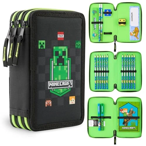 Minecraft Estuche de Lápices para Niños con Múltiples Compartimentos, Incluye Papelería - Material Escolar (Negro AOP)