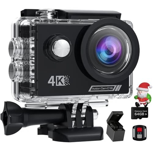 Camlance Kamera Action 4K60 FPS z kartą SD 64G, HD 48 MP WiFi, podwodna 40M z pilotem zdalnego sterowania, stabilizowana nurkowa 170°, 2 baterie i akcesoria montażowe