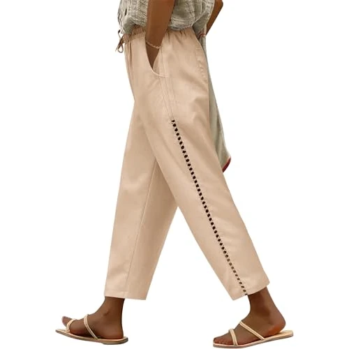 Limitiertes Angebot: CMTOP Leinenhose Damen Weite Freizeithose mit Kordelzug und Taschen 7/8 Elastische Gerades Bein Sommerhose Bequeme Strandhose aus Baumwolle(Khaki,L) von 6.99 EUR auf 6.99 EUR (Spare 0%)