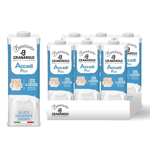 Granarolo Benessere Accadì Plus UHT partiellement écrémé, 6 paquets de 1 L, lait 100% italien, facile à digérer car sans lactose (< 0,01%), longue conservation