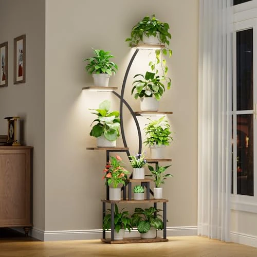 Offre limitée : JUSTOGO Support pour plantes d'intérieur avec lampe de croissance, étagère haute à 8 niveaux pour plantes d'intérieur, grand support d'angle de 165,1 cm, support de fleurs incurvé en métal pour salon de 143.98 EUR à 143.98 EUR (remise 0%)