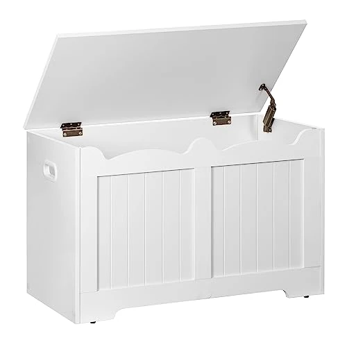 Hzuaneri Schoenenbank, Opbergbank, Zitkist, 2 Veiligheidscharnieren, Opbergkast, Schuurstijl, 40 x 76 x 48 cm, voor Hal, Slaapkamer, Woonkamer, Wit ESB04403X