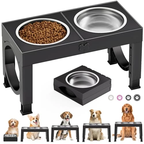 X XBEN Dog Bowl, Adjustable Feeding Station for All Life Stages, 5 Heights, Collapsible ABS, 2 Stainless Steel Bowls, BPA Free, 1.5L Capacity