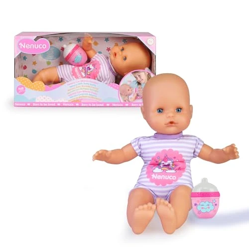 Nenuco - butelka do karmienia, miękka lalka Bebe W zestawie grzechotka i sukienka w piżamę z nadrukiem jednorożca (słynna NFN87000)