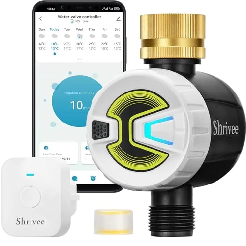 Shrivee Computer di irrigazione WiFi con ingresso acqua in ottone, controllo app tramite WiFi 2,4 GHz e Bluetooth, ritardo delle precipitazioni, computer di irrigazione manuale/automatico, E0102B+009