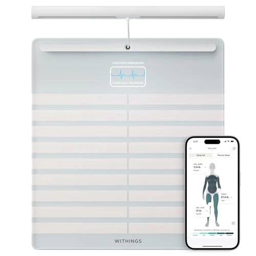 WITHINGS Body Scan – waga sieciowa WLAN do poprawy zdrowia, waga osobowa BIA, analiza składu ciała, tkanki tłuszczowej, masy mięśniowej, zawartości wody, elektrokardiogramu, biała