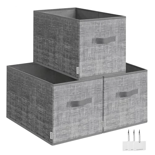 SONGMICES Collapsible Storage Boxes, Set of 3 Fabric Storage Baskets, 50 x 30 x 30 cm, Wardrobe Storage Organisers, 2 Handles, Label Holders, for Bedroom, Living Room, Cattail Grey ROB450G01