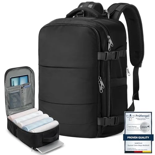 Samfolk Zaino Ryanair 40x20x25 Zain da Vaggio bagaglio a mano ryanair 12 Tasche zaino sottovuoto viaggio con Borsa Scarpe Separata per Donne e Uomini Bagaglio a mano, 20L (Nero, 40x20x25)