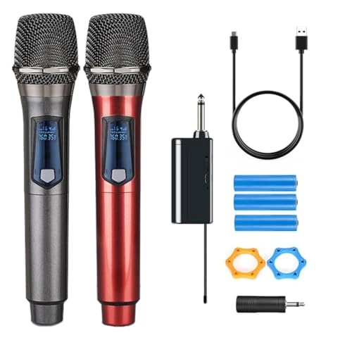 HUACAM Draadloze microfoons, dubbele handheld dynamische draadloze microfoon voor karaoke, bruiloft, DJ, feest, spraak, kerk, klasse, PA-systeem, 60 m, grijs en rood