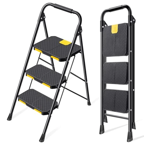 Offerta a tempo: KINGRACK Scaletta 3 Gradini, Scala Pieghevole Domestica con Blocco di Sicurezza, Acciaio Portata 360kg con Ampio Pedale Antiscivolo, Corrimano Comoda, Cucina Casa Ufficio, Nero - 40% da 99.99 € a 59.99 €