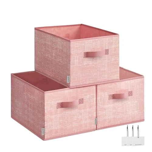 SONGMICS Cajas de Almacenaje Plegables, Juego de 3 Cestas de Tela, 40 x 30 x 24 cm, Organizadores de Armario, 2 Asas, Portaetiquetas, para Dormitorio, Salón, Rosa Jalea ROB440R01