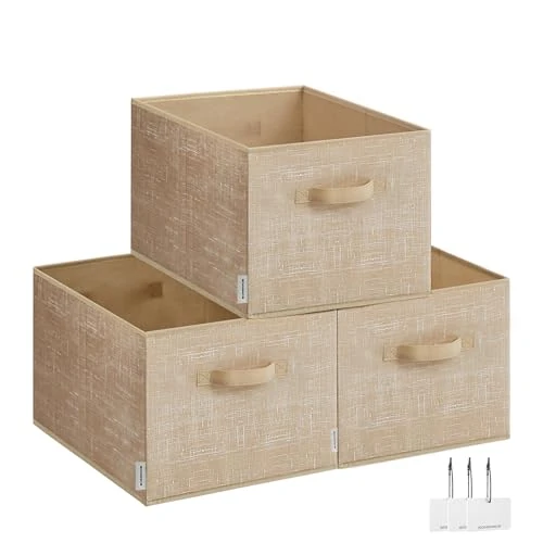 Tijdelijke aanbieding: SONGMICS Opbergdozen set van 3, opvouwbaar, stoffen dozen, 40 x 30 x 24 cm, voor garderobe, 2 handgrepen, label, voor slaapkamer, woonkamer, zandbeige ROB440K01 van 21.99 € naar 21.99 € (0.00% korting)