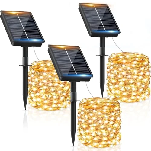 Luci Solari Esterno【3 Pacchi】12+2M 120LED Luci Solari da Giardino IP65 Impermeabili Bianco Caldo 8 Modalità, Catena Luc Solar Esterno Decorative Giardino Albero Patio Terrazze Festival Matrimoni