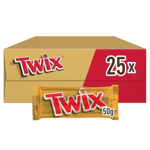 Offerta a tempo: Twix, Barretta Snack con Biscotto Gustoso e Croccante Con Caramello Ricoperto di Cioccolato al Latte, 25 barrette x50g (1250g), Per Idee Natale 2025, Nuova versione - 43% da 21.78 € a 12.41 €