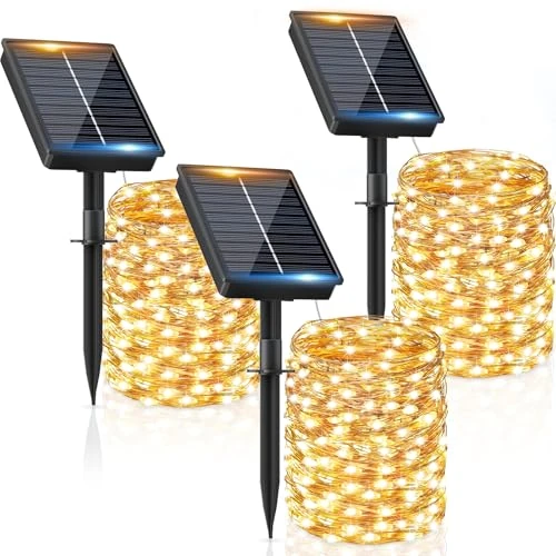 Offerta a tempo: Luci Solari Esterno【3 Pacchi】- 16+2M 160LED Luci Solari da Giardino IP65 Impermeabili Bianco Caldo 8 Modalità, Catena Luci Solari Esterno Decorative Giardino Albero Patio Terrazze Festival Matrimoni - 0.00% da 19.99 € a 19.99 €