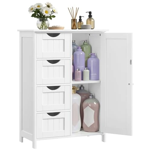 VASAGLE Bathroom Floor Storage Cabinet, Bathroom Storage Unit with 4 Drawers, Bathroom Cabinet Freestanding, with 1 Door, Adjustable Shelf, 35 x 65 x 90 cm, Cloud White LHC042W01