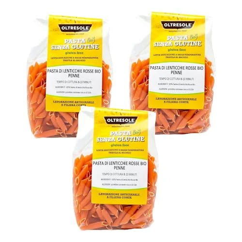 Oltresole, Pâtes aux lentilles rouges biologiques, format Penne, pâtes protéinées aux légumineuses, farine de lentilles rouges 100% biologique, végétaliennes et sans gluten, paquet de 3 x 350 g