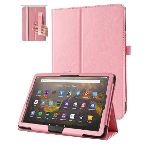 Case for Fire HD 10 & 10 Plus Tablet (13th/11th Generation, 2023/2021 Release) 10.1" with Stand Folio and Hand Strap PU Leather Protective Case with Auto Wake/Sleep(Pink)
