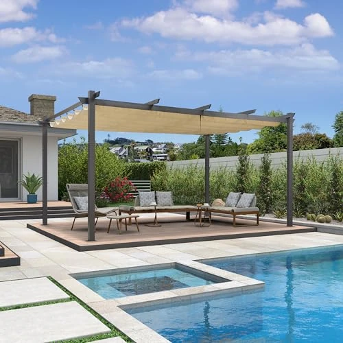 Offerta a tempo: PURPLE LEAF Gazebo Pergola 3,5 x 4,8 M Alluminio Pergolato da Giardino con Tetto ha Scomparsa Per Giardino Pergolati Terrazzo e Attività Commerciale, Cachi chiaro - 4% da 1049.00 € a 1009.00 €
