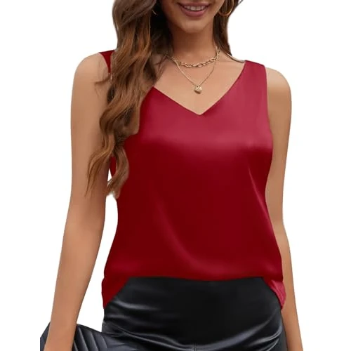 Oferta limitada: CMTOP Camiseta Sin Mangas para Mujer Camisa Tirantes Cuello en V Satén Camisetas Camisole Top Elegante Sexy Blusa Shirt Casual Cami Tank Tops(Rojo, XXL) de 19.99 € a 8.99 € (ahorro 55%)