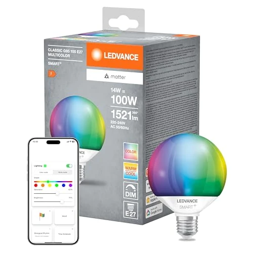 LEDVANCE SMART+ MATTER LED lamp, compatibel met Google, Alexa, Apple, witte matte look, 14W, 1521lm, E27-fitting, gekleurd licht en wit licht, app- of stembediening, levensduur tot 20.000 uur