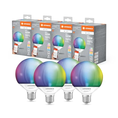 Offerta a tempo: LEDVANCE Lampada LED SMART+ MATTER, smerigliata, 14W, 1521lm, forma a globo E27, luce colorata e luce bianca, compatibile con Google, Alexa, Apple, app o controllo vocale, 20.000 ore,conf. da 4 - 12% da 99.96 € a 88.20 €