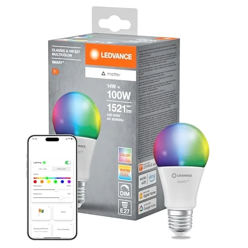 LEDVANCE SMART+ MATTER LED-Lampe, weiße Frost-Optik, 14W, 1521lm, klassische Glühlampenform mit E27, Farblicht und Weißlicht, App- oder Sprachsteuerung, bis zu 20.000 Std. Lebensdauer, single pack