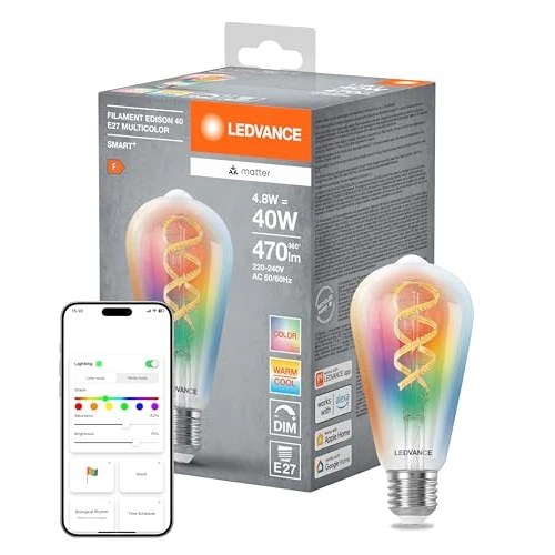 LEDVANCE Smart+ Matter LED lamp, Compatible with Google, Alexa, Apple, White Glass, 4.8W, 470lm, E27 Base, Color Light & White Light, app or Voice Control, Life of up to 15,000 Hours