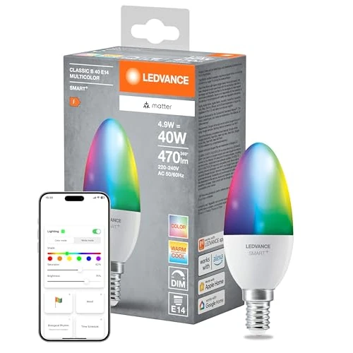 Limited-time offer: LEDVANCE Smart+ Matter LED lamp, Compatible with Google, Alexa, Apple, White Frosted Look, 4.9W, 470lm, E14 Base, Color Light, White Light, app or Voice Control, Life of up to 20,000 Hours from 14.99 GBP to 9.02 GBP (save 40%)