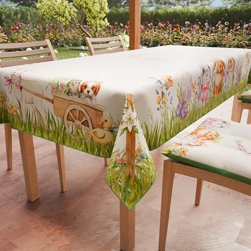 PETTI Artigiani Italiani - Tischdecke für Ostern, schmutzabweisend, rechteckig, für die Küche, Hasendesign, X12 Plätze (140 x 240 cm), 100% Made in Italy
