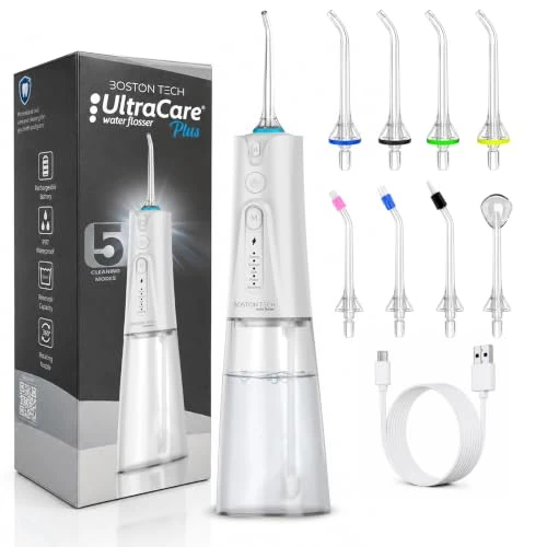 Offerta a tempo: Ultracare Plus - Irrigatore orale professionale con 5 modalità, 8 ugelli, serbatoio acqua da 250 ml, ricaricabile tramite USB, borsa da viaggio inclusa (Bianco) - 0.00% da 19.90 € a 19.90 €