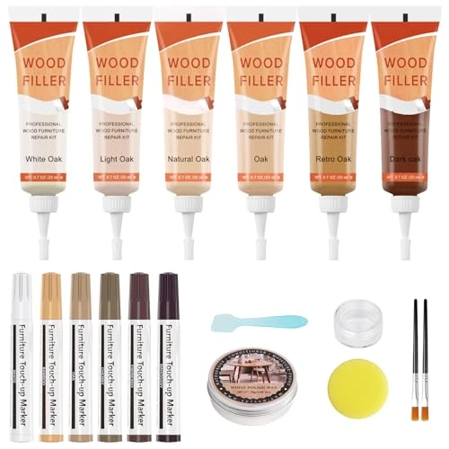 DEWEL Reparaturset für Laminat, 6 farbige Holzfüller und 6 farbige Retuschiermarker für Tafeln, für Möbel mit rissigen Löchern, professionelle Holzreparaturcreme-Sets