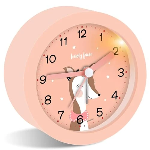 Ayybboo Children's Analogue Alarm Clock, No Ticking, Bedside Table, Bedroom, Children's Alarm Clock with Snooze and Night Light, Quiet Portable Learning Alarm Clock for Girls Boys (Pink)