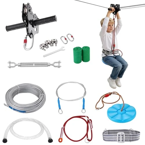 Offre limitée : VEVOR Tyrolienne 30,5 m Kit de Tyrolienne Complet Charge 150 kg Configuration Facile avec Frein à Ressort Ceinture et Harnais de Sécurité pour Jardin Arrière-Cour (Ados Uniquement. Pas pour Adultes) de 68.90 € à 54.70 € (21% de remise)