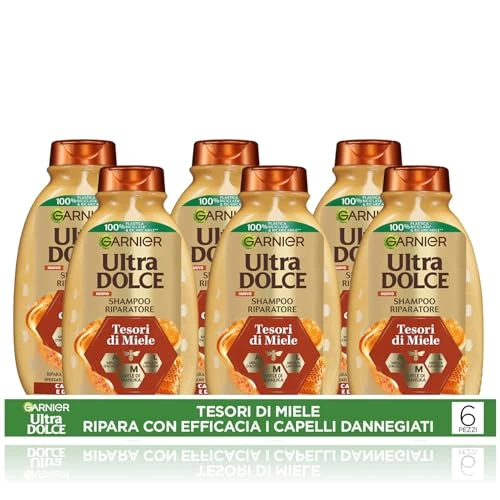Offerta a tempo: Garnier Ultra Dolce Tesori di Miele, Multipack Shampoo Riparatore, 94% Origine Naturale, Per Capelli Danneggiati, Senza Siliconi, Confezione da 6 x 300ml​ - 36% da 21.17 € a 13.46 €