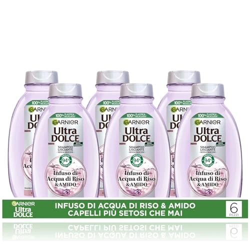 Garnier Ultra słodki napar z wody ryżowej i skrobi, Multi Pack x6 wygładzający szampon, 94% naturalne pochodzenie, długie włosy, bez silikonu, 300 ml