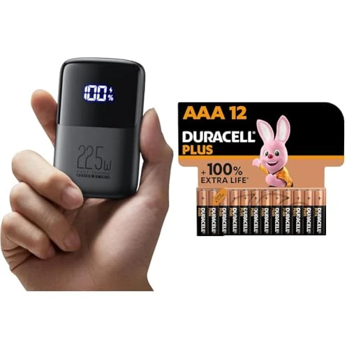 INIU Power Bank & Duracell Plus Batterien AAA, 12 Stück, langlebige Power, AAA Batterie für Haushalt und Büro