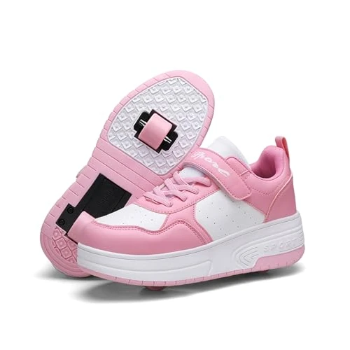 ENEN Kids Roller Skate Shoes for Boys Girls, Skateboarding Shoe Outdoor Parkour Shoes with 2-Wheels Unisex Retractable Skating Shoes for Children's Park Sports Walking Pink White