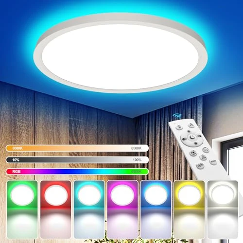 YiLaie RGB LED Ceiling Lights Dimmable with Remote Control,24W 2700LM Bathroom Lights Ceiling,3000K-6500K for Living Room, Bedroom, Kids Room, Dining Room, Kitchen, Bathroom, Round 12 Inch