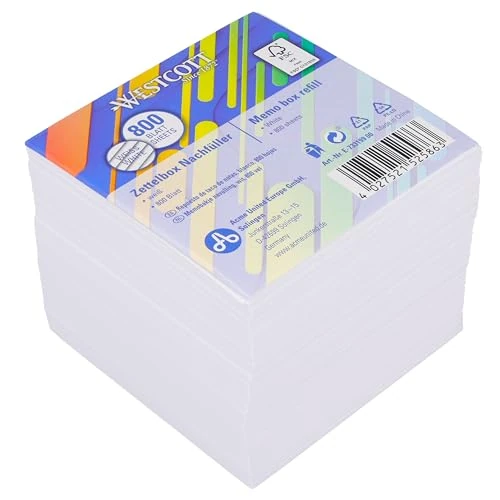 Westcott Notizzettel weiß 800 Blatt Nachfüllpack | Notizblock mit 9 x 9 cm großen Blättern in weiß | Nachfüllset für Spenderbox | FSC-zertifiziertes Papier 80g/m² | E-1733199 00