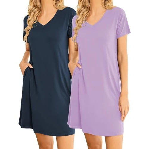 Offerta a tempo: Ekouaer Camicie da Notte da Donna in 2 Pezzi Camicia da Notte a Maniche Corte Camicia da Notte Floreale in Due Pezzi Indumenti da Notte semplici, Blu Navy + Lilla, L - 0.00% da 11.99 € a 11.99 €