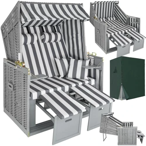 Offerta a tempo: tectake® Poltrona Sdraio da Spiaggia e Giardino, Modello Strandkorb XXL del Mar Baltico, Robusto Involucro Protettivo, Morbidi Cuscini, Poltrona da Spiaggia Regolabile in Vimini - grigio/bianco - 16% da 343.99 € a 289.99 €
